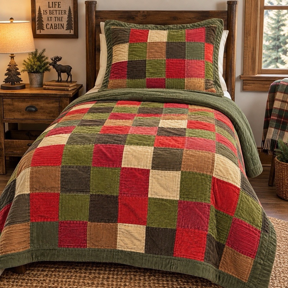 Woolrich Home Twin Corduroy Patchwork Comforter Quilt Sham Cabin Lodge